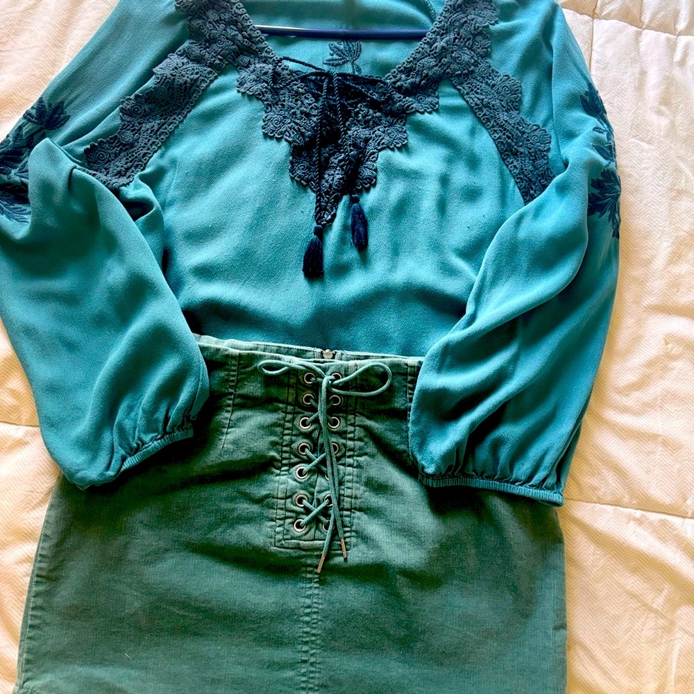 Forever 21 Teal Lace Blouse and Skirt Set